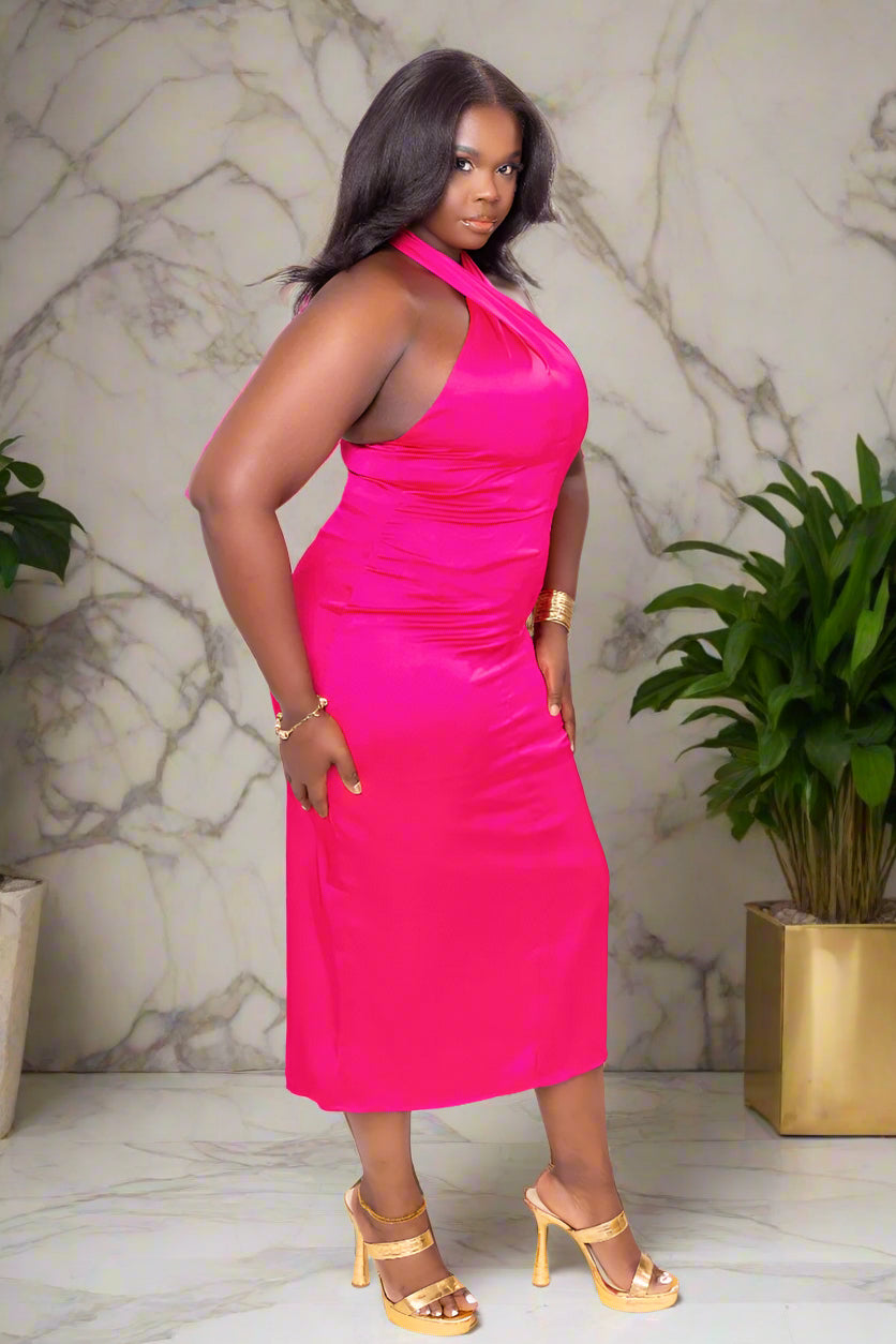 Fuchsia Fire Twist Neck Dress